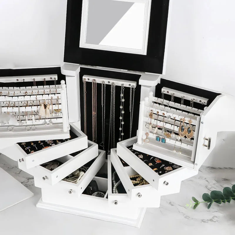 Boîte Bijoux Bois Blanc Miroir Grande