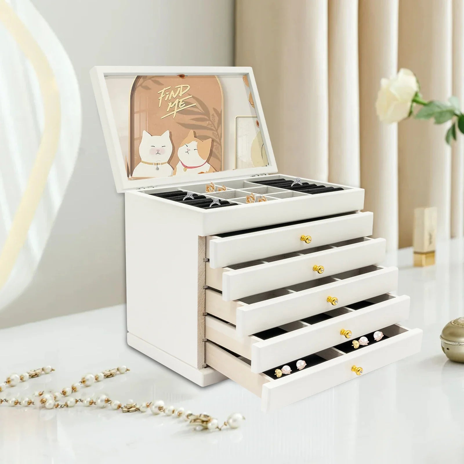 Boîte Bijoux Bois Blanche 6 Tiroirs Miroir