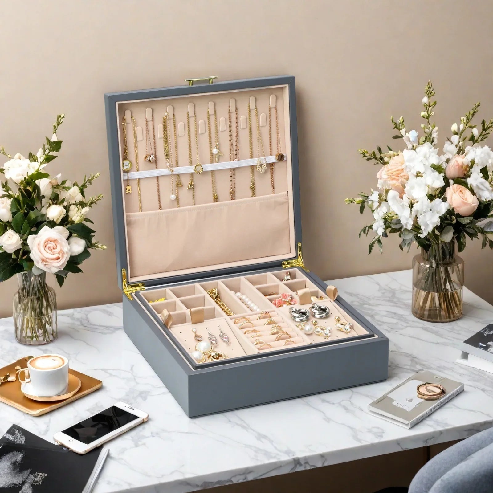 Boite Bijoux Cuir Rigide Grand Format