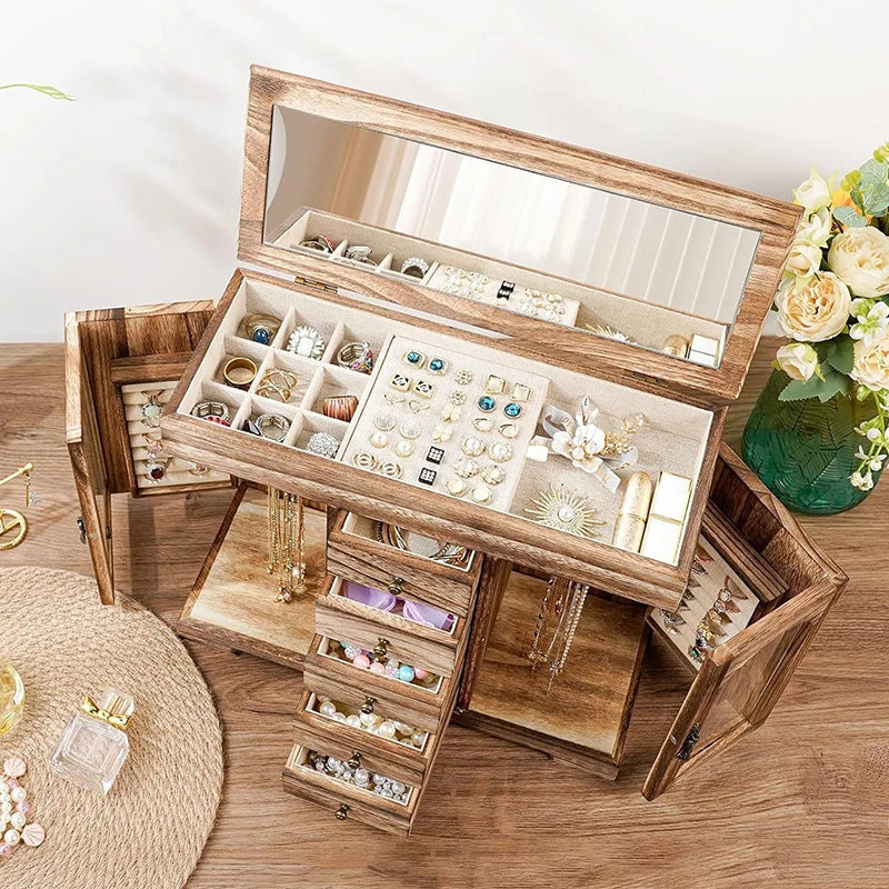 Boîte Bijoux Bois Naturel Miroir