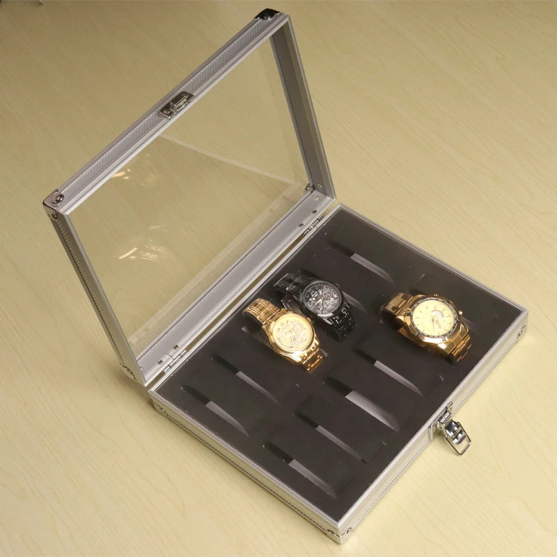 Boîte Montre Métal Daim Compartiments Vitrine