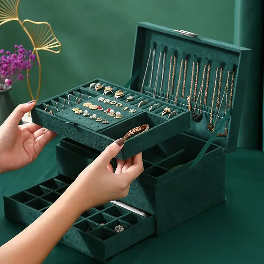 Boite Bijoux Velours Vert Emeraude Double Niveau