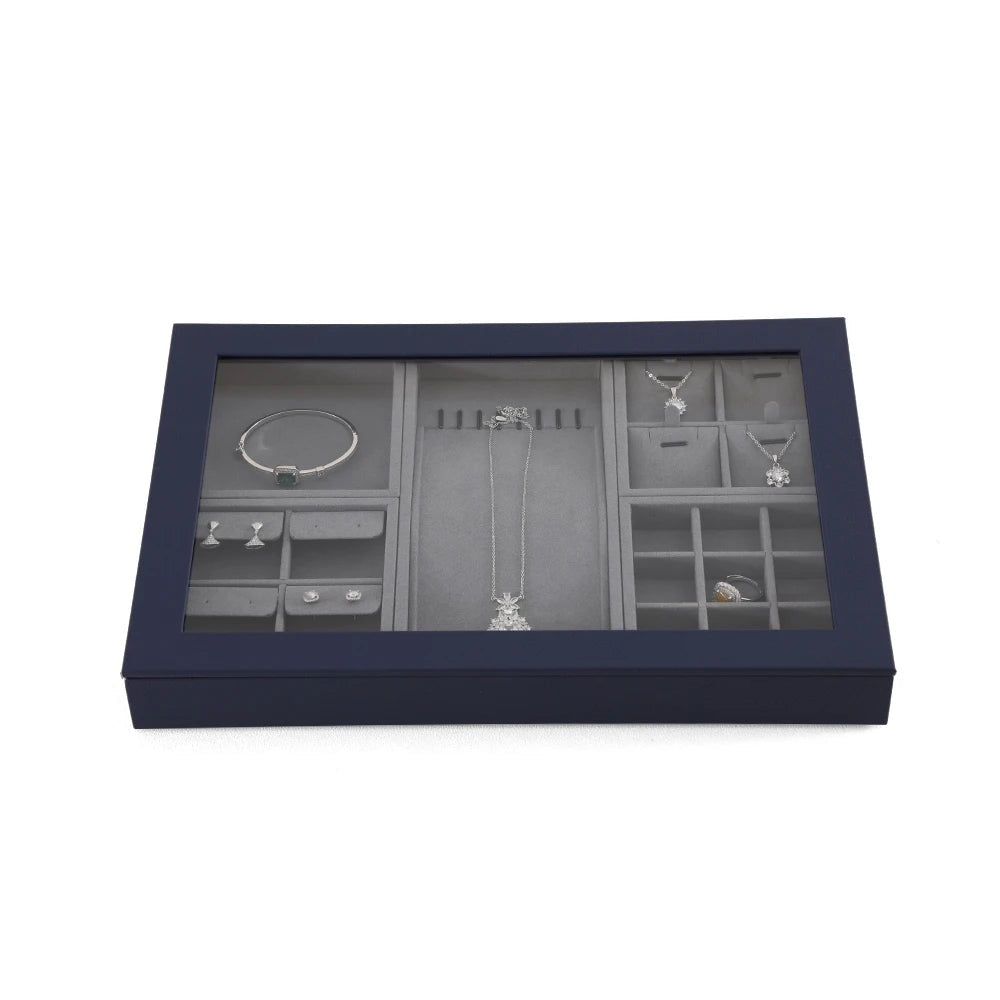 Plateau bijoux modulable – Grand plateau bleu marine avec couvercle acrylique et bijoux rangés