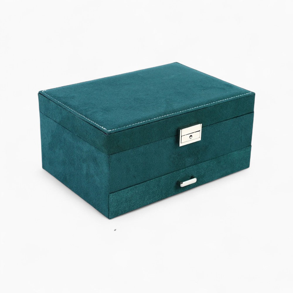 Boîte Bijoux Suédine Vert Sapin 3 Couches Verrou