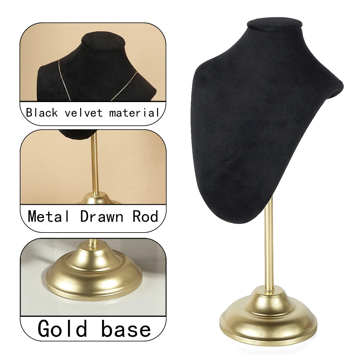 Présentoir Collier Buste Velours Pied Doré
