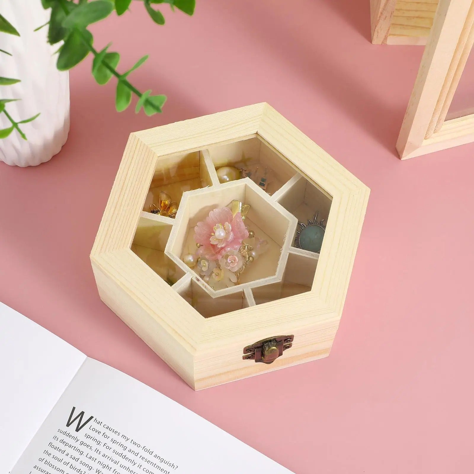 Boîte Bijoux Bois Hexagonale Compacte Compartiments