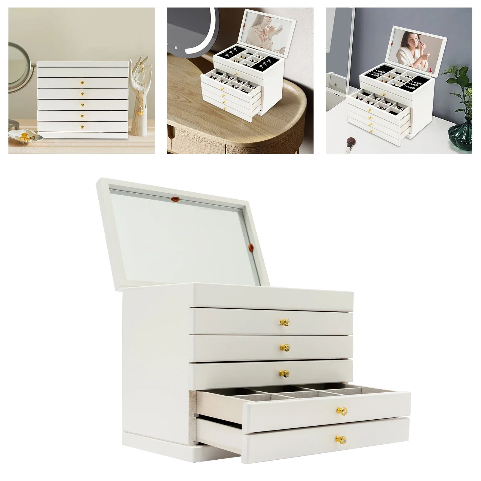 Boîte Bijoux Bois Blanche 6 Tiroirs Miroir