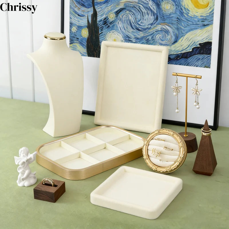 Plateau Bijoux Velours Beige Métal Doré
