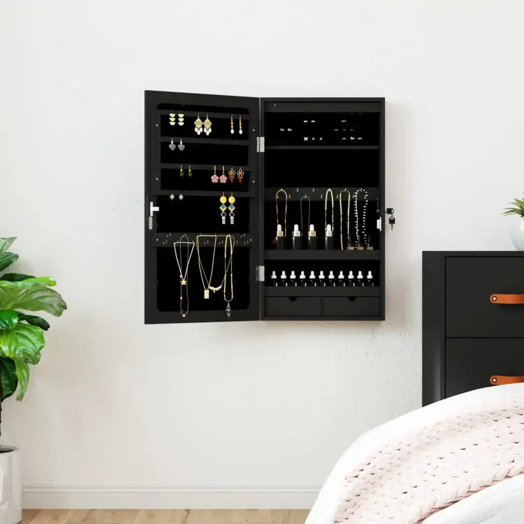 Boîte Bijoux Bois Murale Noire LED Miroir Élégance