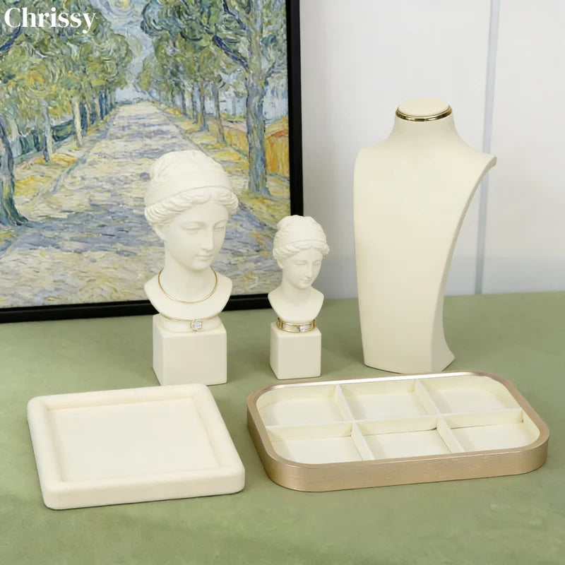 Plateau Bijoux Velours Beige Métal Doré