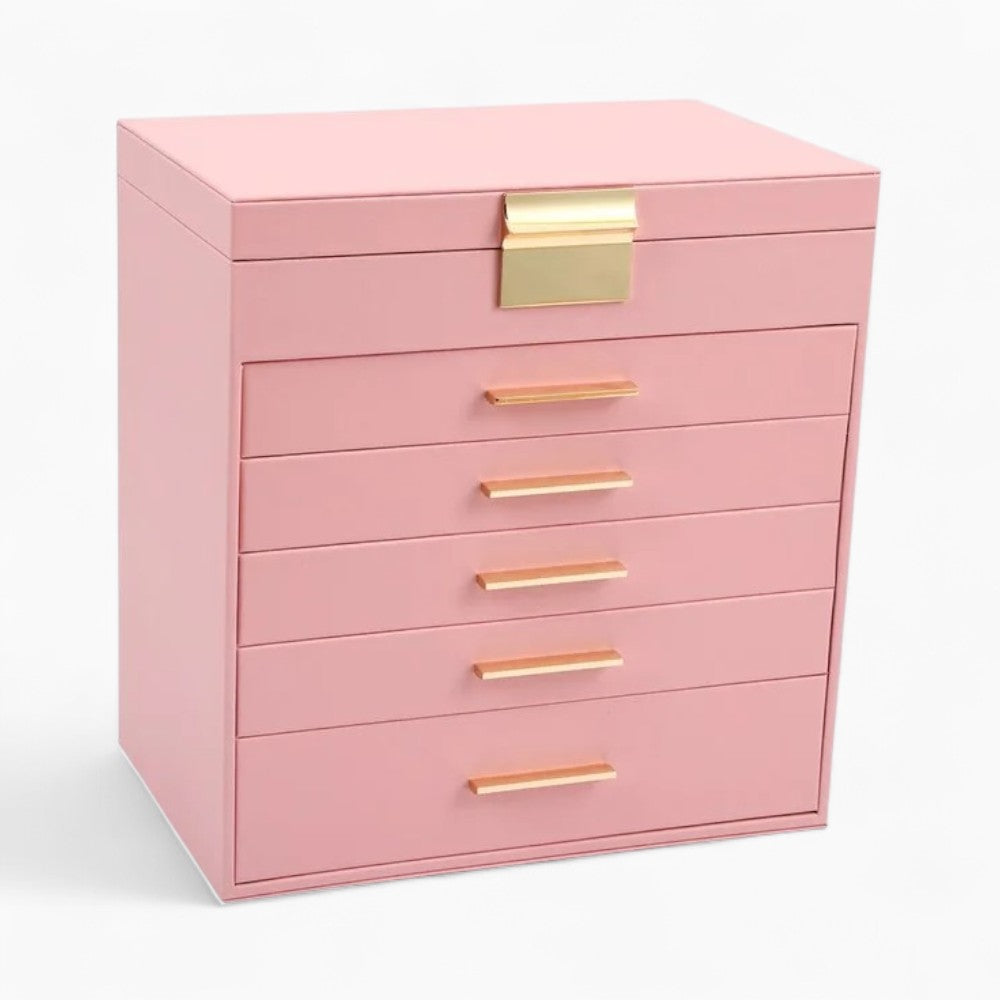 Boîte à Bijoux Cuir 5 Tiroirs Miroir Luxe