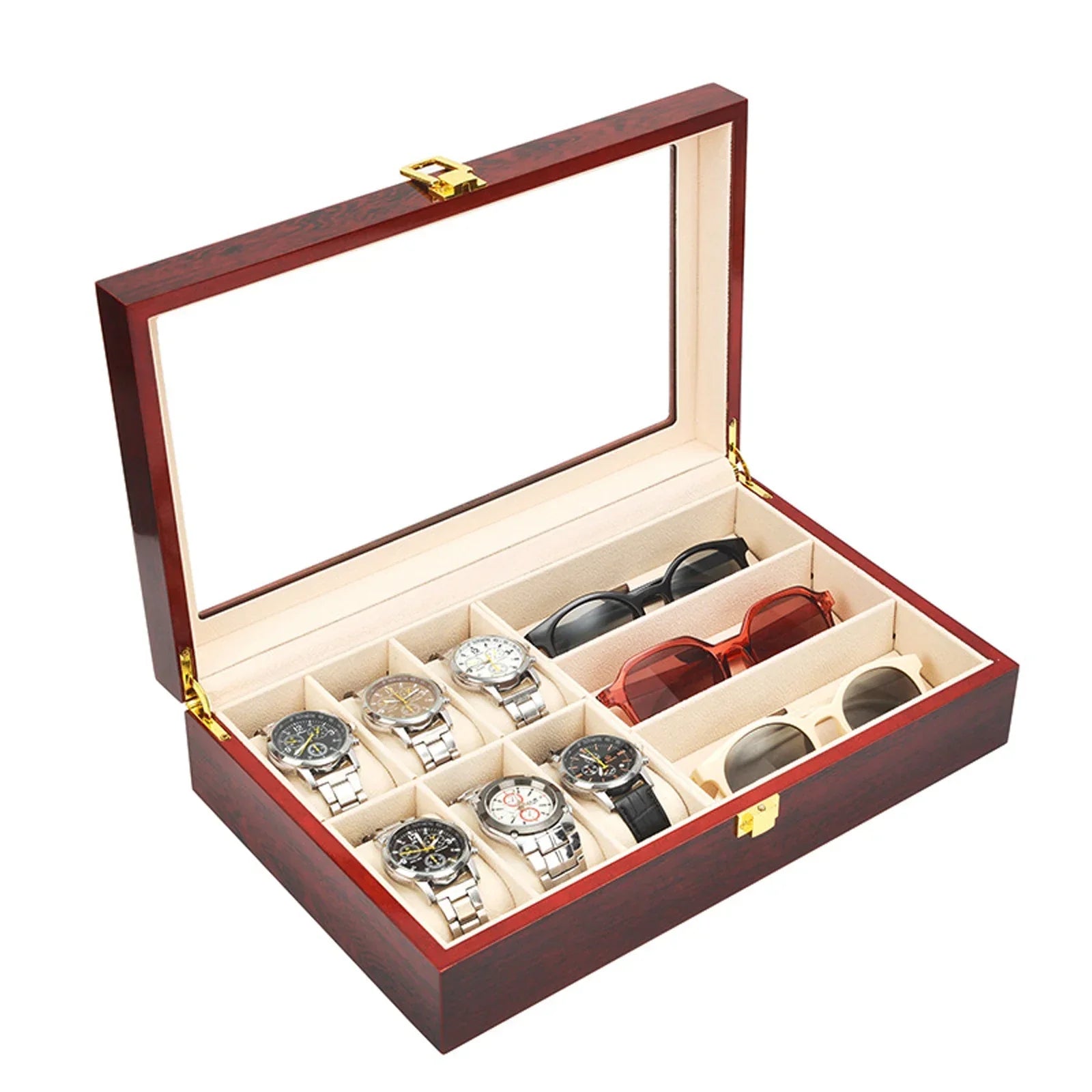 Boîte Bois Vitrine Montres Lunettes Cuir Rouge
