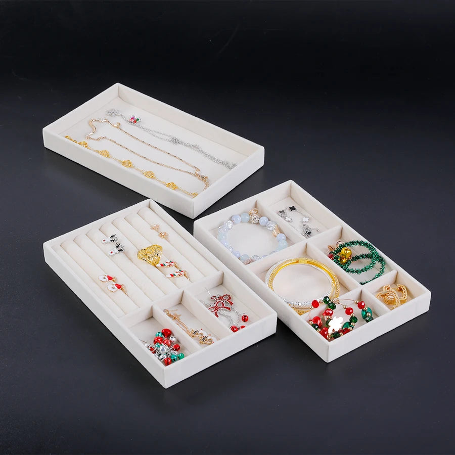 Plateau Bijoux Velours Beige Multi-Compartiments