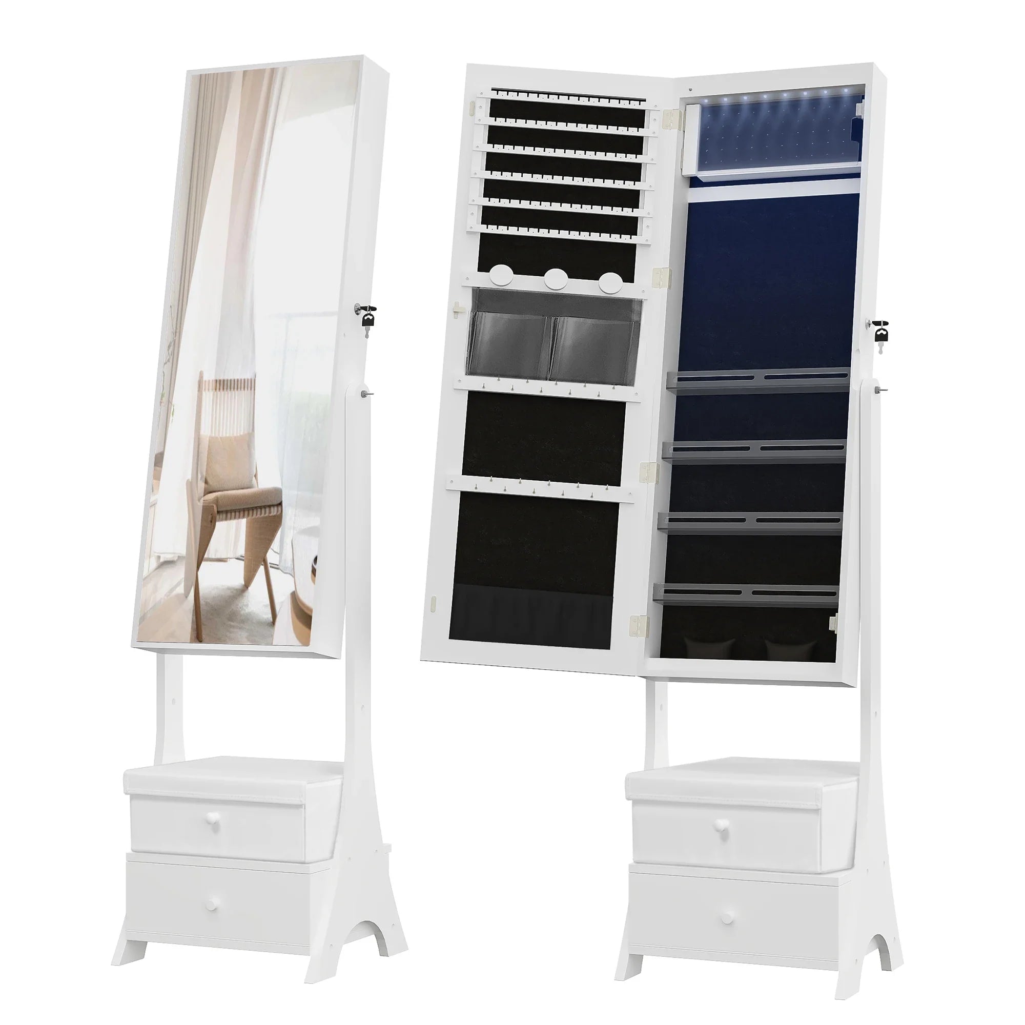 Boîte à Bijoux Bois Armoire Miroir Tiroirs Velours
