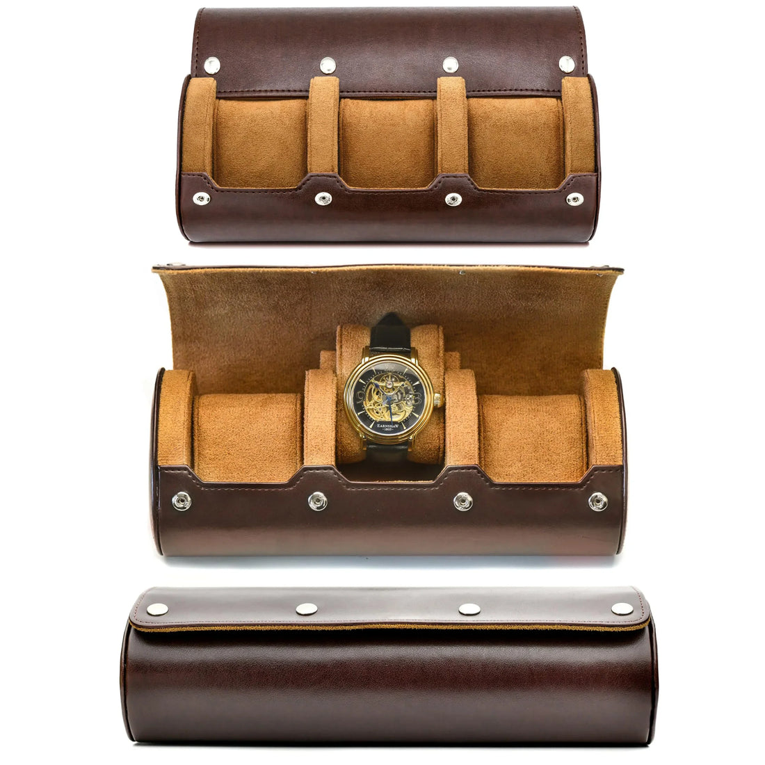Étui voyage rigide marron 3 montres – étui vide, avec une montre et fermé, trois vues