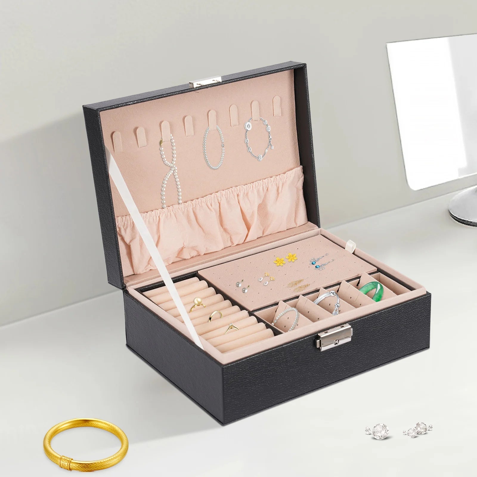Boîte Bijoux Cuir Noir Velours Verrouillage