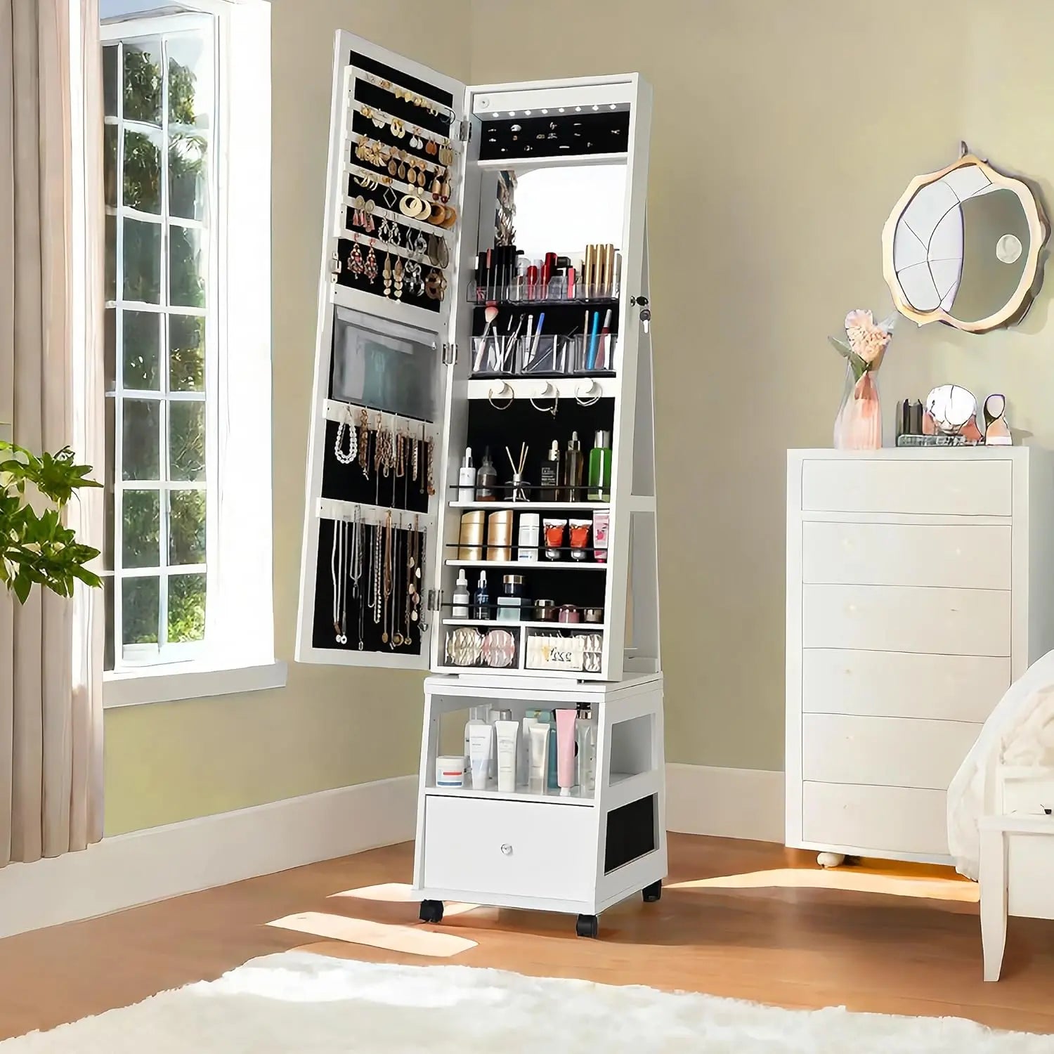 Boîte à Bijoux Bois LED Miroir Pivotant 360
