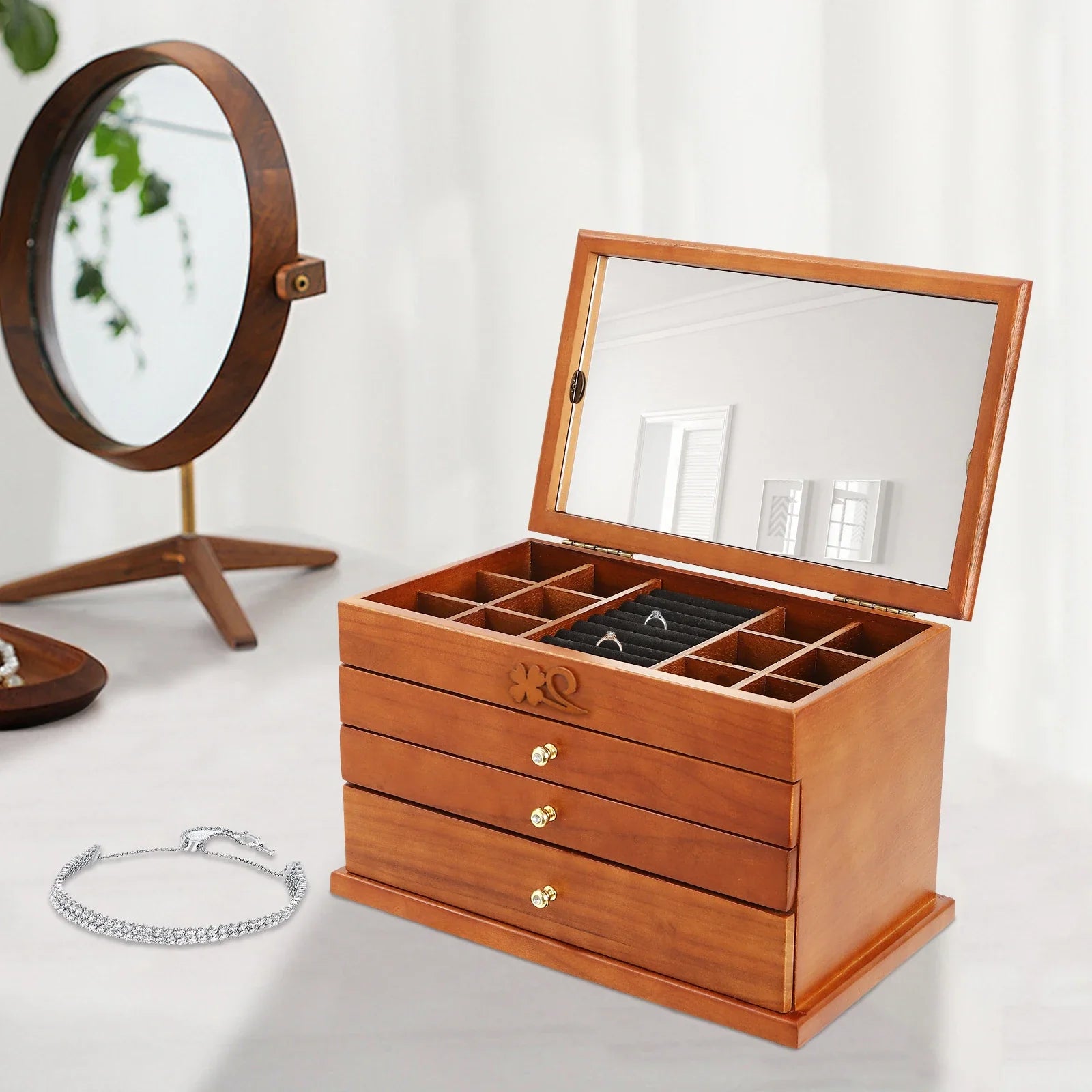 Boite Bijoux Bois Velours 4 Niveaux Miroir