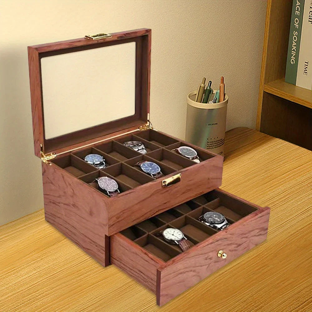 Boîte Montre Bois Verre 20 Compartiments Vitrine