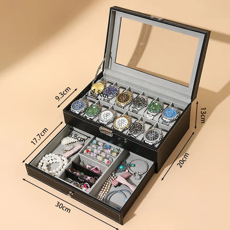 Coffret Montres Cuir Verrouillable 2 Niveaux Tiroir