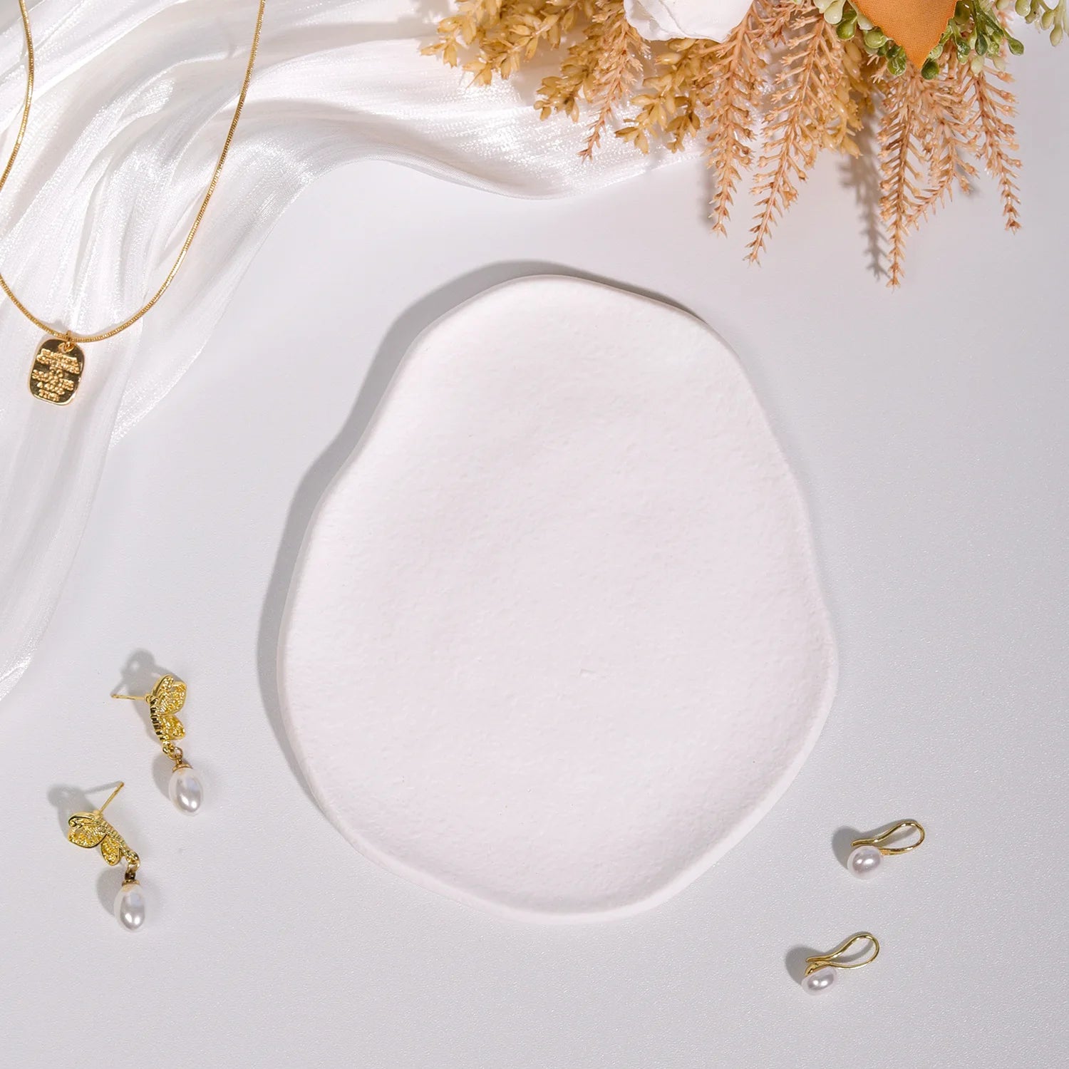 Plateau Pierre Gypse Blanc Bague Boucle Oreille Bijoux
