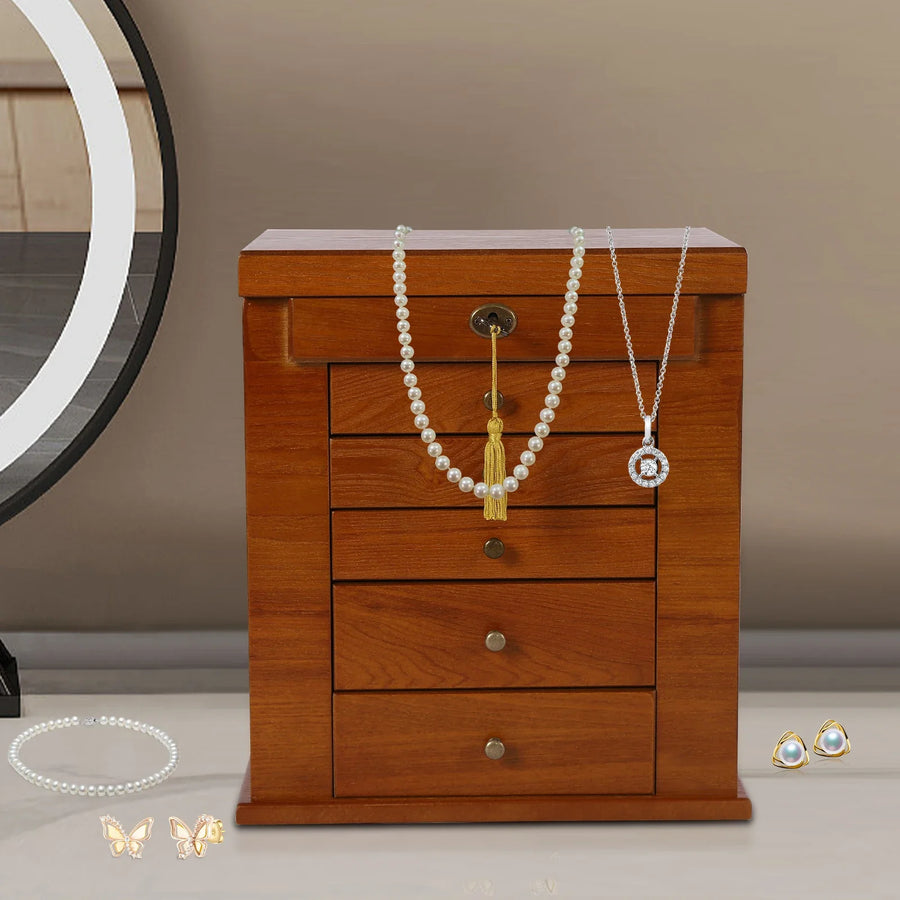 Armoire à Bijoux en Bois Massif 6 Tiroirs avec Serrure