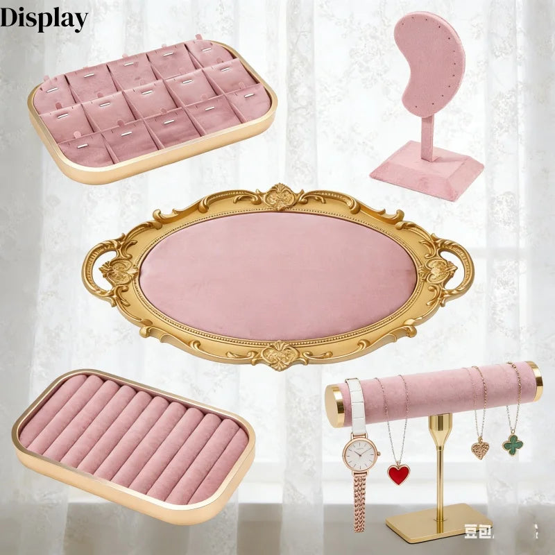 Plateau Bijoux Velours Rose Métal Multifonction