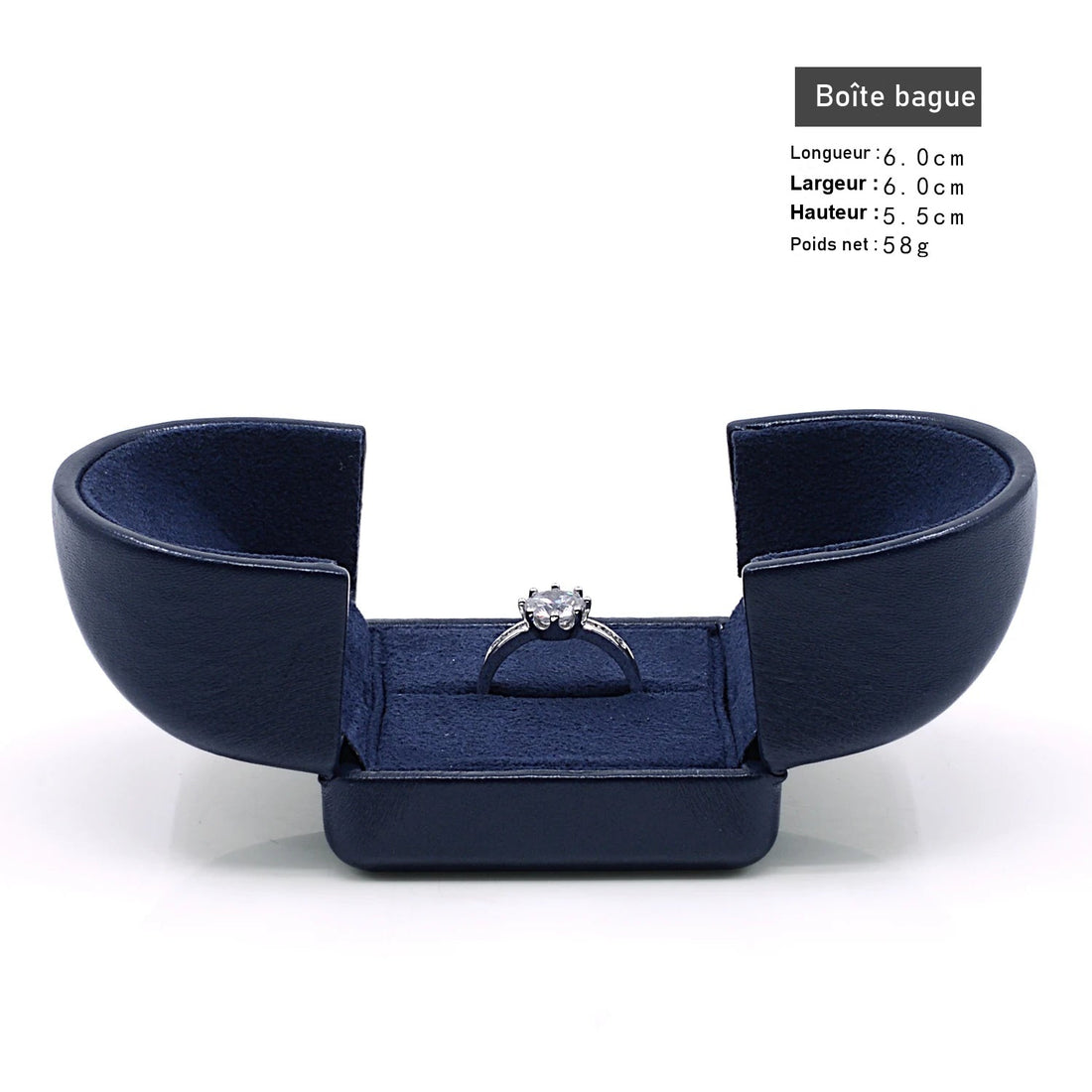 Écrin bleu marine – modèle bague simple ouvert avec une bague
