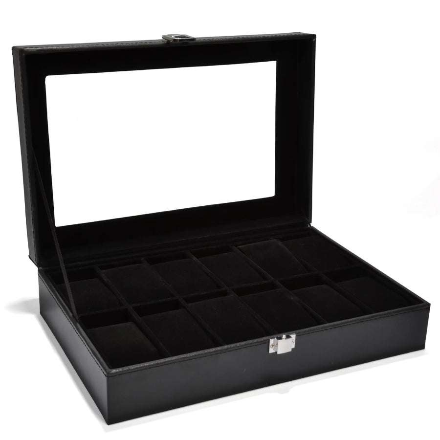 Boîte à Montres Vitrée Cuir Noir Intérieur Noir 6 à 12 Places