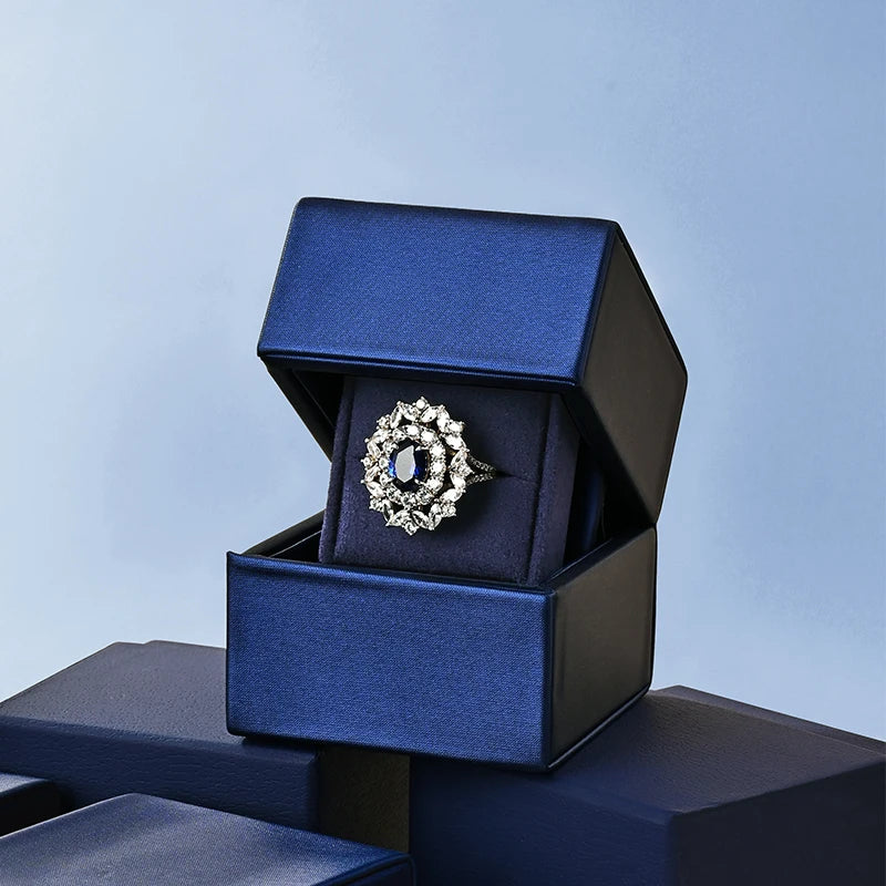 Boîte Bague Cuir Bleu Couple Mariage Diamant