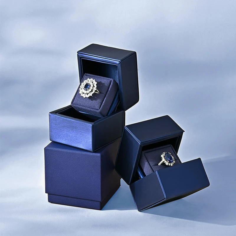 Boîte Bague Cuir Bleu Couple Mariage Diamant
