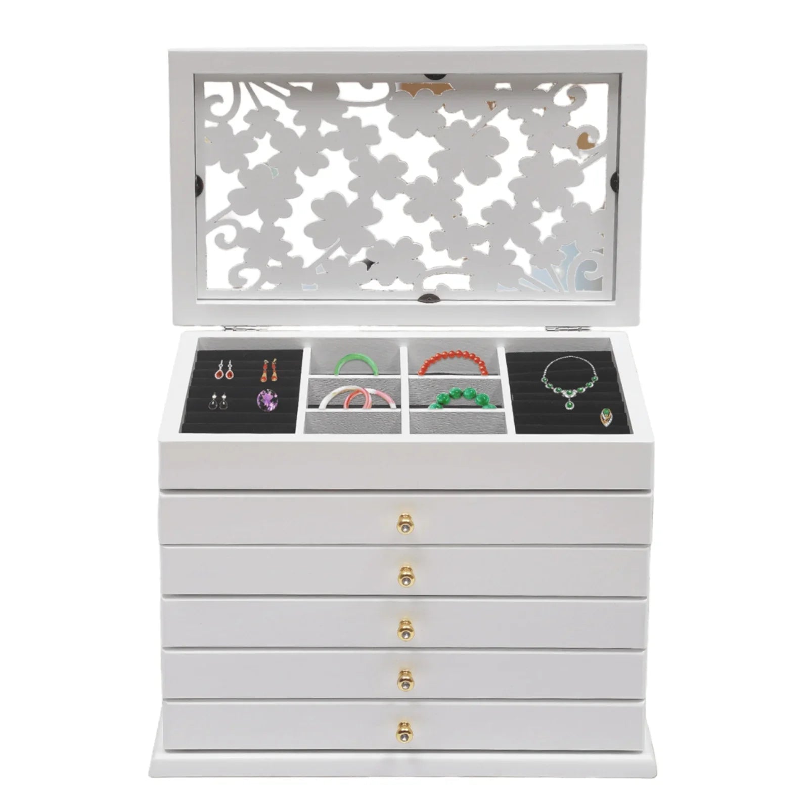 Boîte Bijoux Bois Sculpté Blanche 6 Tiroirs Élégante