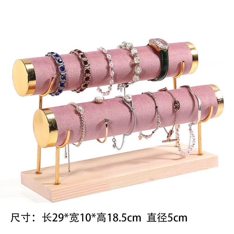 Présentoir Bijoux Velours Rose Bois Multifonction