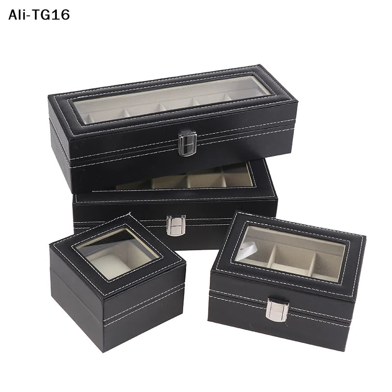 Boîte Montre Cuir Noir Verre Coussin