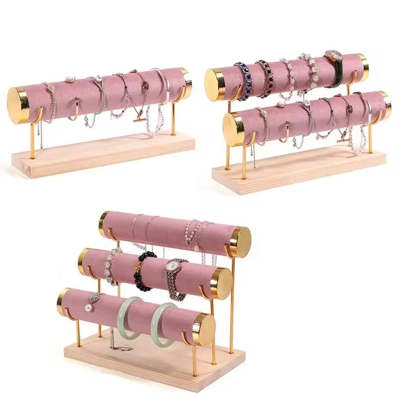 Présentoir Bijoux Velours Rose Bois Multifonction