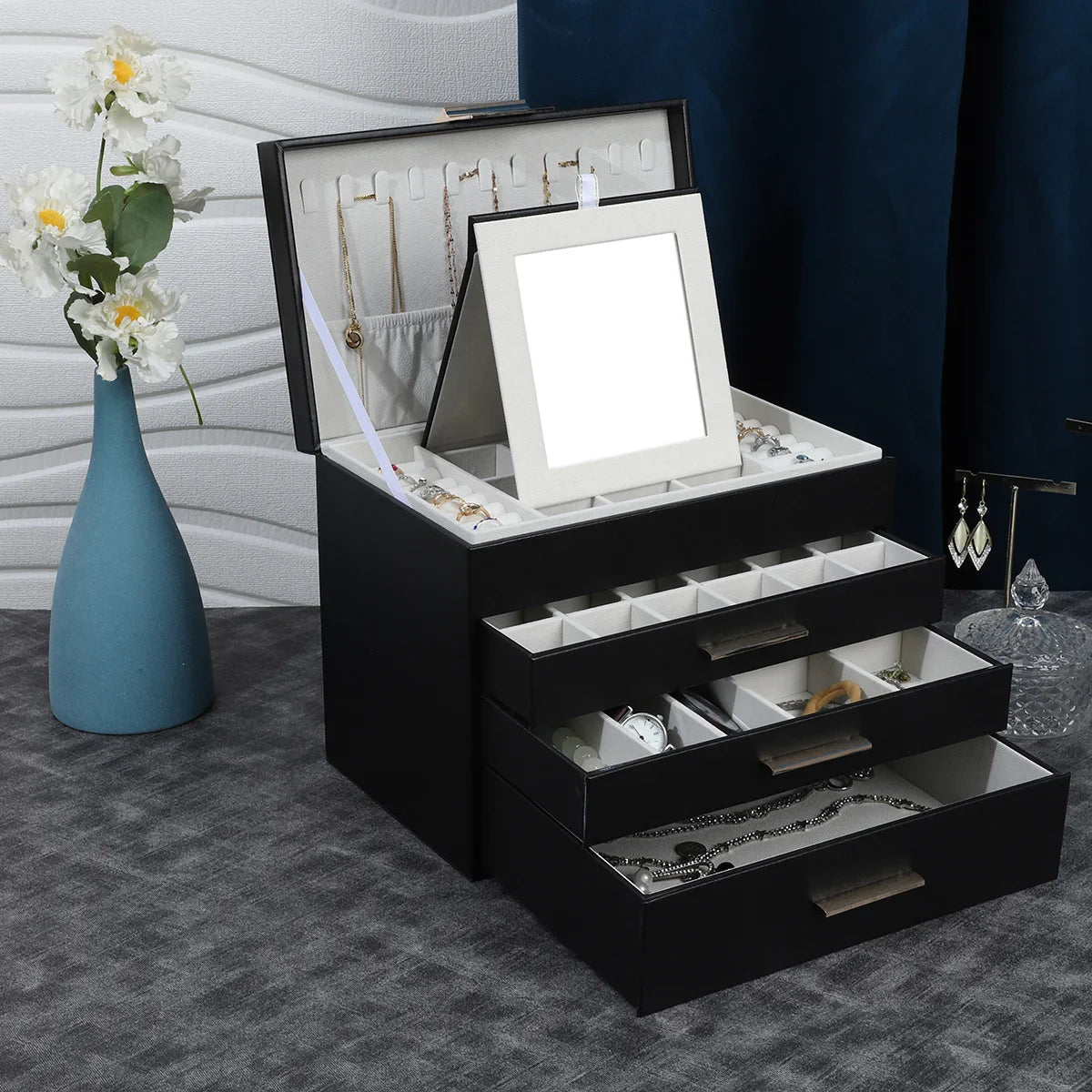 Boite Bijoux Cuir Velours 4 Niveaux