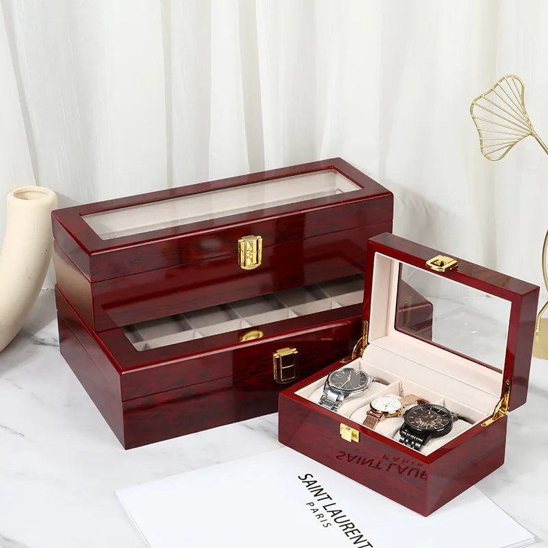 Coffre Fort Montre Bois Rouge Foncé Multi-Capacité