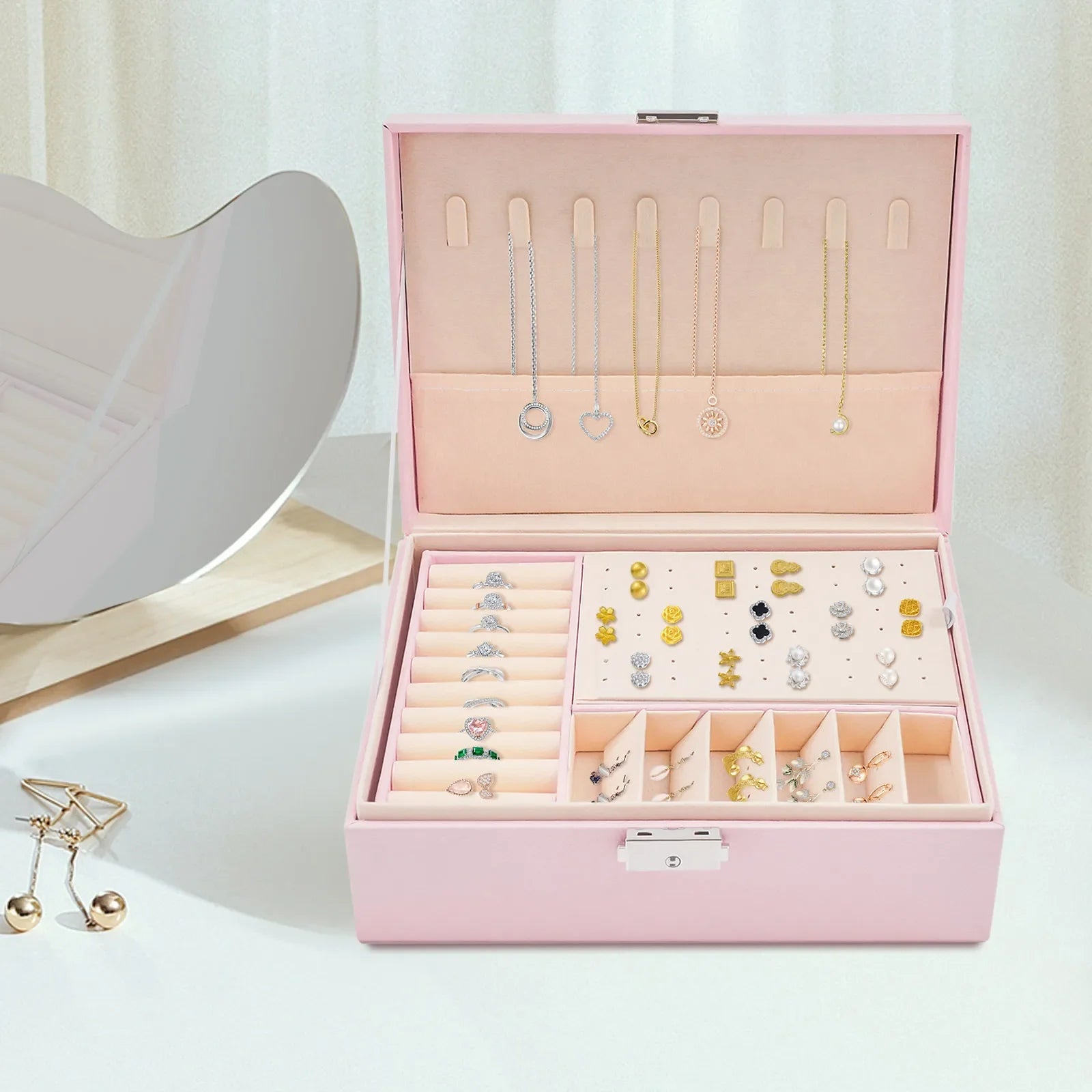 Boîte Bijoux Bois Rose Compartiments Serrure