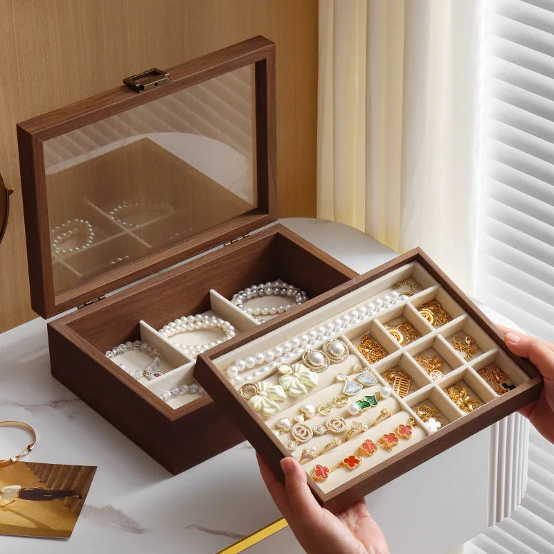 Boîte Bijoux Bois Foncé Double Plateau Velours