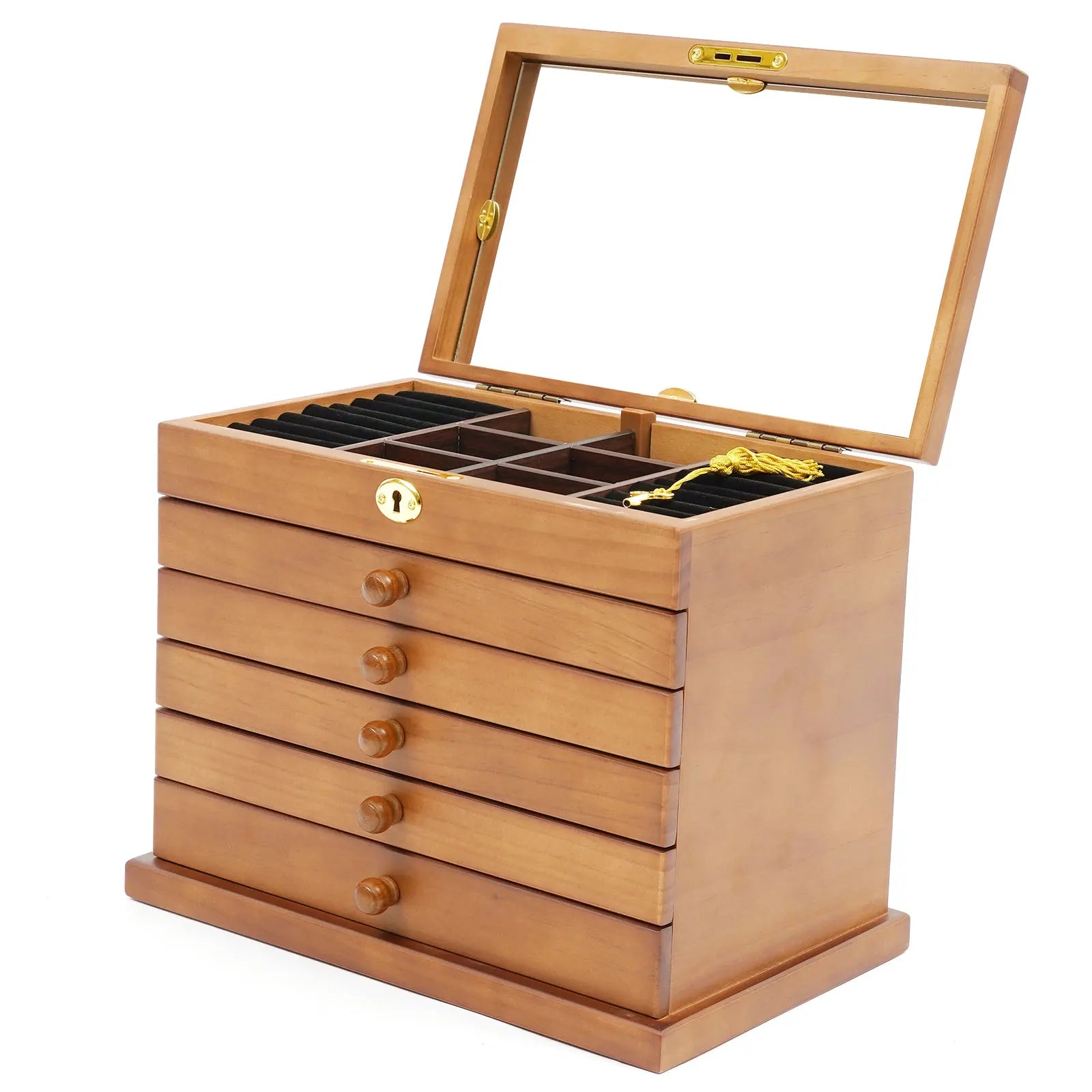 Boîte Bijoux Bois Massif 6 Tiroirs Miroir Serrure
