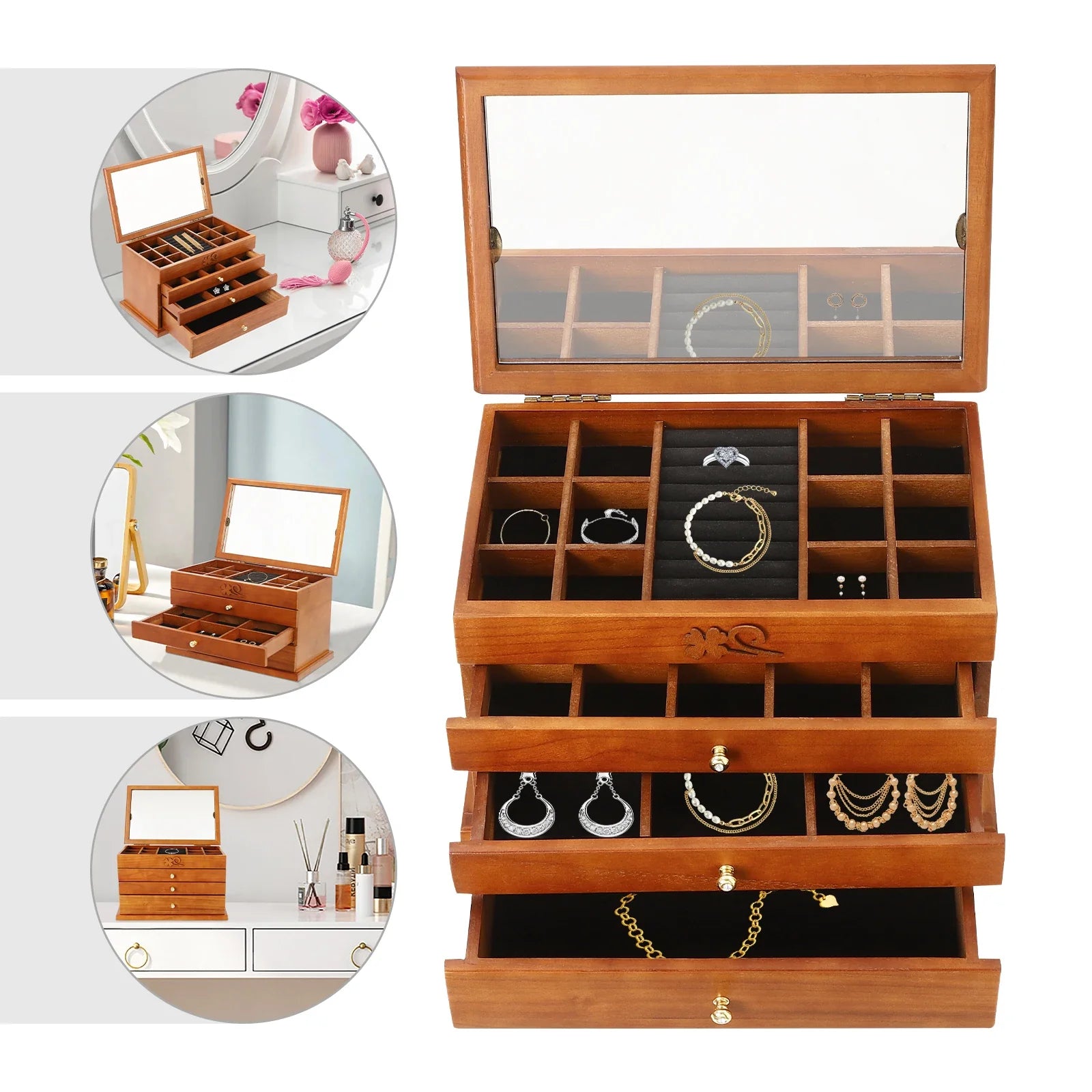 Boite Bijoux Bois Velours 4 Niveaux Miroir