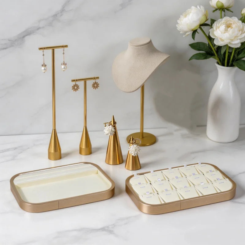 Plateaux Velours Beige Bijoux Multi-Compartiments Vitrine