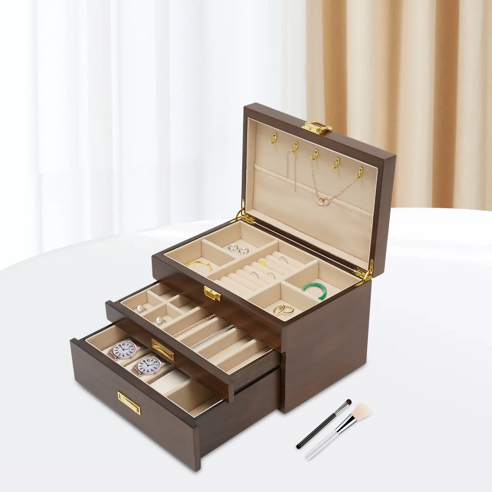 Boite Bijoux Bois Velours Japonais 3 Niveaux