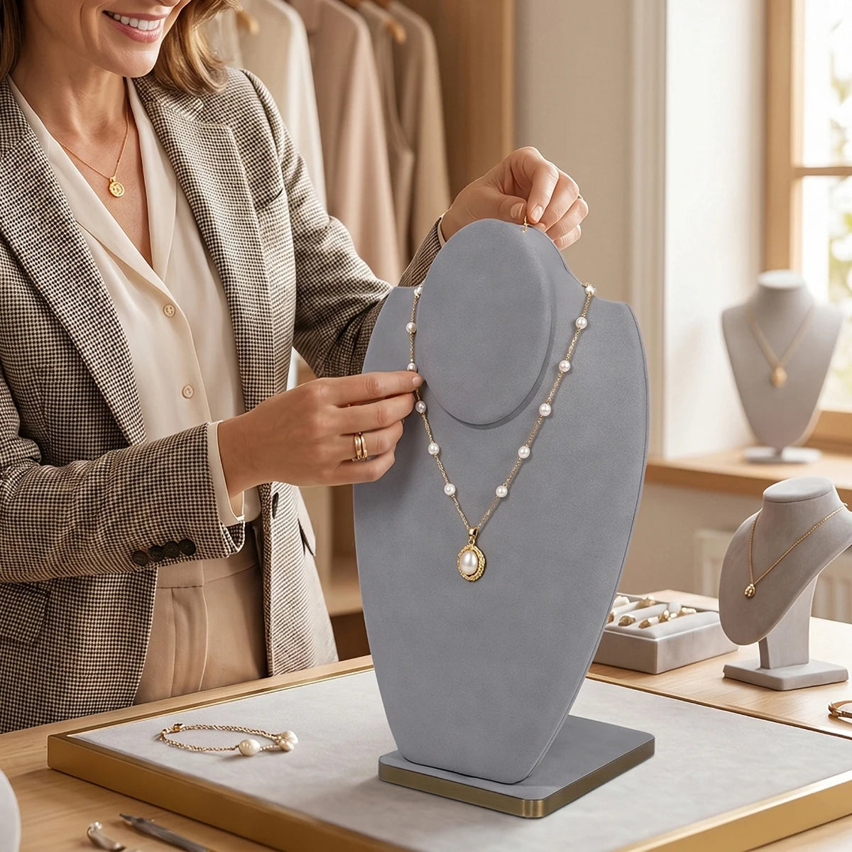 Buste Présentoir Collier Velours Gris