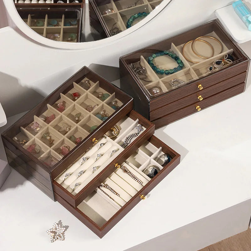 Boîte Bijoux Bois Foncé 3 Tiroirs Transparente