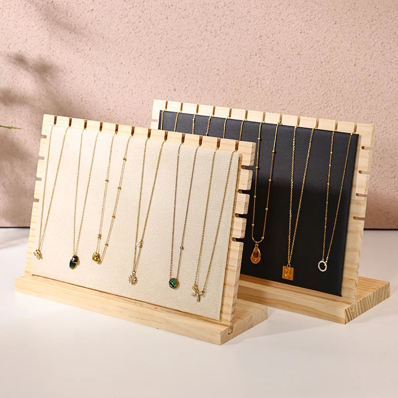 Présentoir Collier Bois Simili Cuir Plat Large