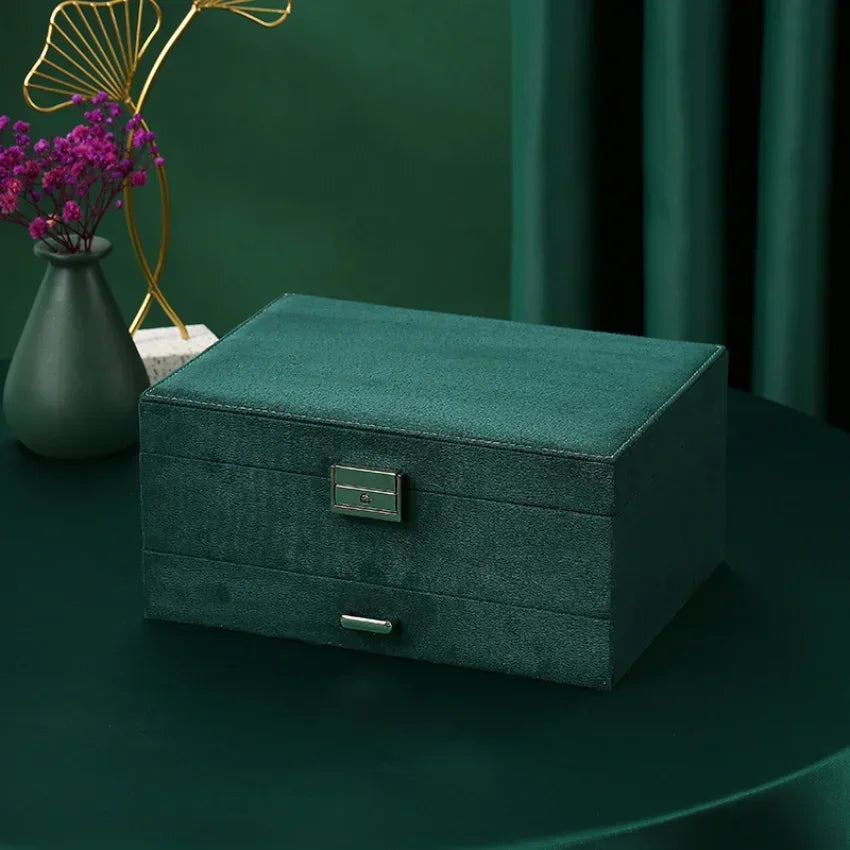 Boite Bijoux Velours Vert Emeraude Double Niveau