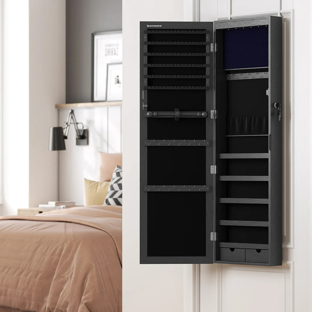 Boîte à Bijoux Murale Bois Noir Miroir LED