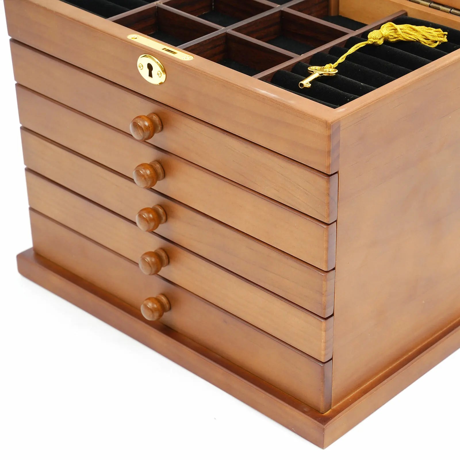 Boîte Bijoux Bois 6 Niveaux Miroir Serrure Classique