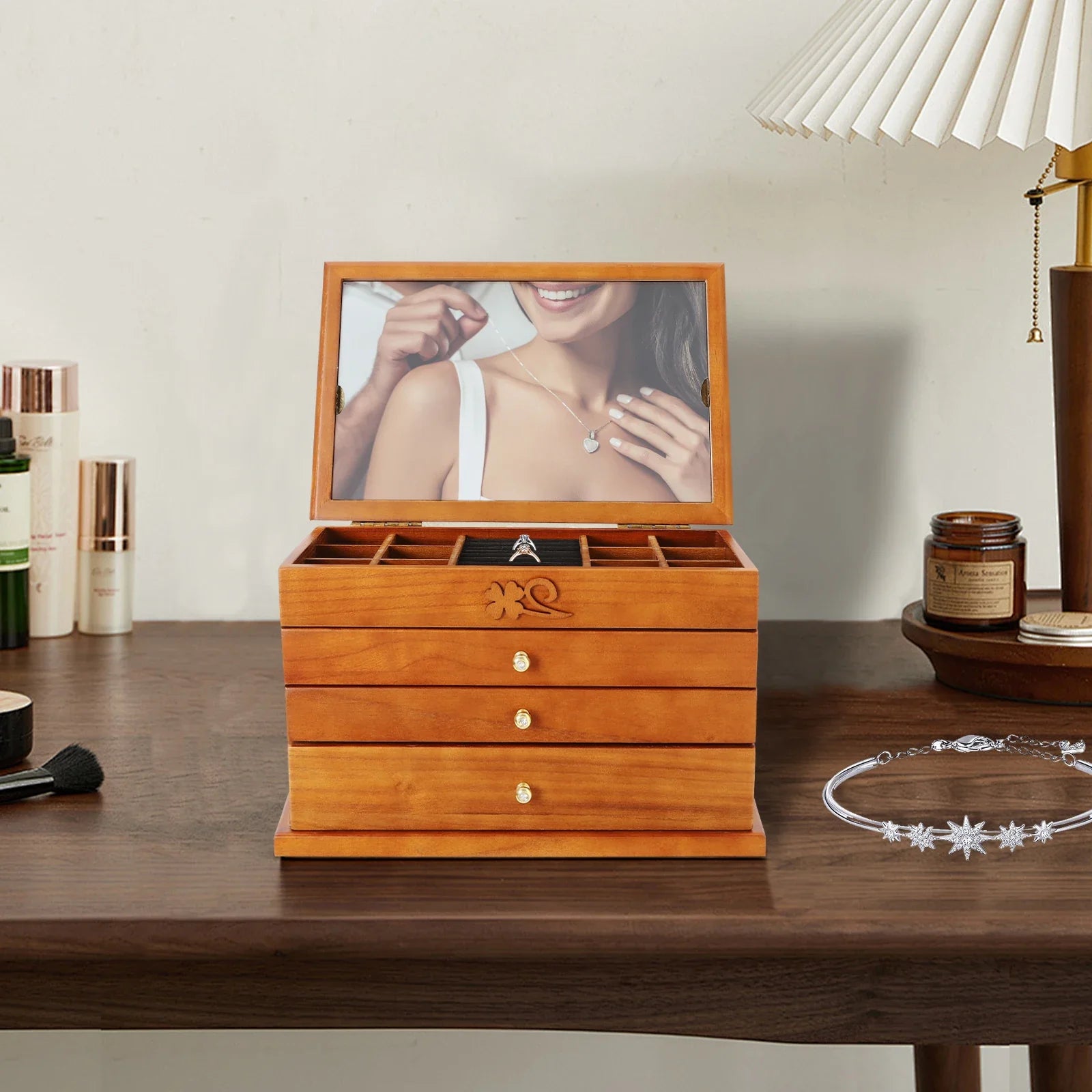 Boite Bijoux Bois Velours 4 Niveaux Miroir